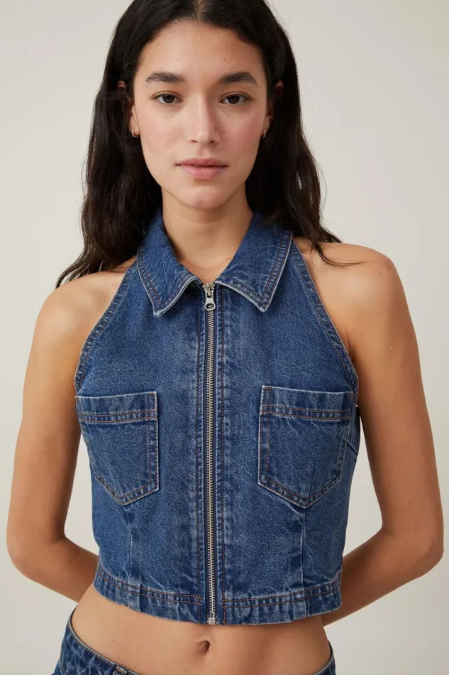 Women Jackets Cotton On Collar Denim Vest Bottle Blue