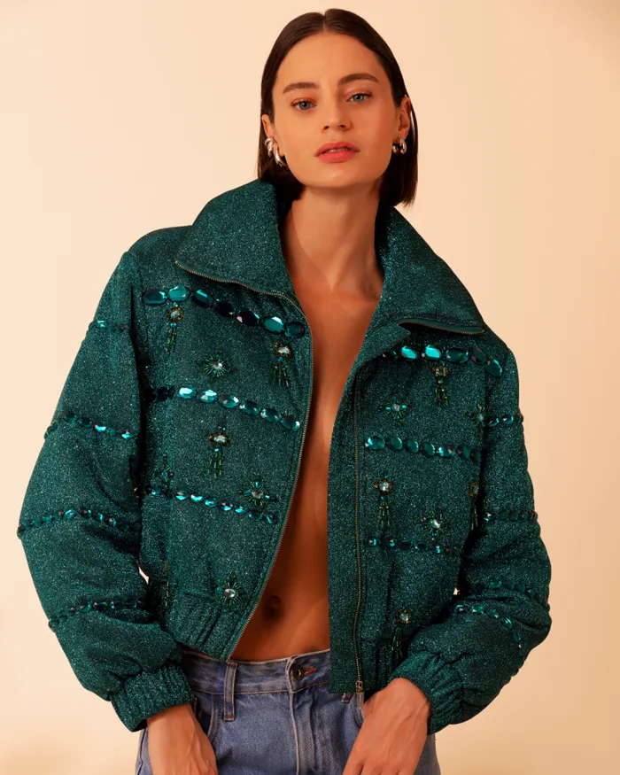 Women Jackets PatBO Stardust Beaded Bomber Azure Women Jackets PatBO Stardust Beaded Bomber Azure