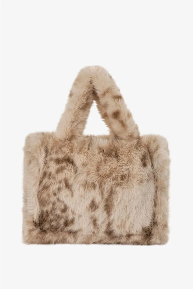 Women JADE LEO Faux Fur Tote Bag Beige Leopard LAMARQUE Bags