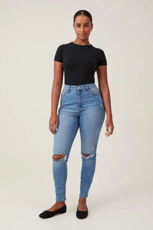 Women Jeans Cotton On Curvy High Stretch Skinny Jean Bells Blue Rip