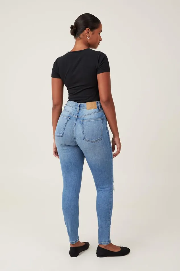 Women Jeans Cotton On Curvy High Stretch Skinny Jean Bells Blue Rip