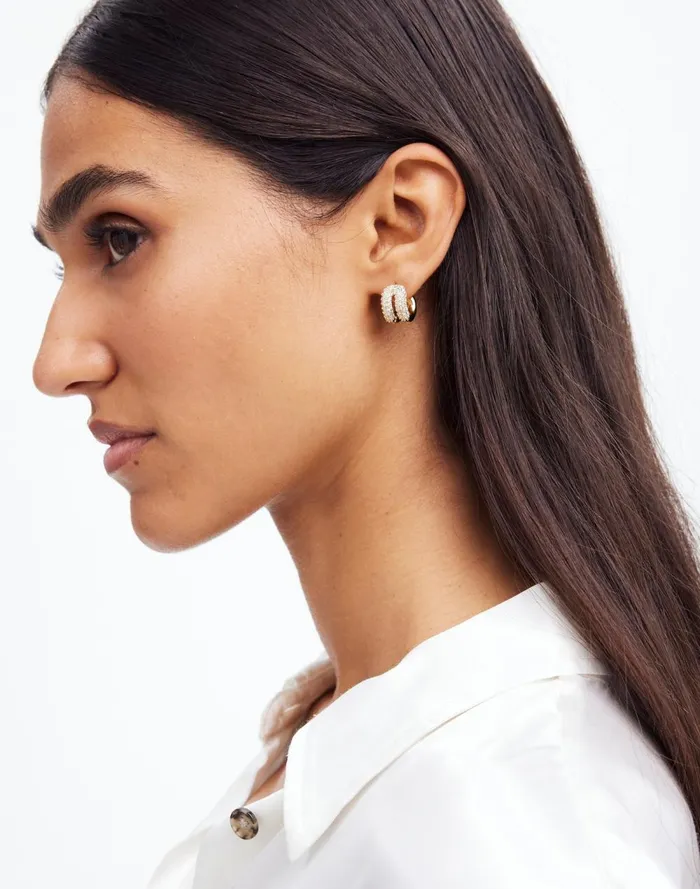 Women Jewelry Madewell Pav Double Huggie Hoop Earrings Pale Gold