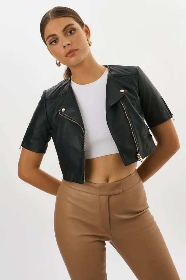 Women KIRSI GOLD Cropped Biker Jacket Black LAMARQUE Leather Jackets