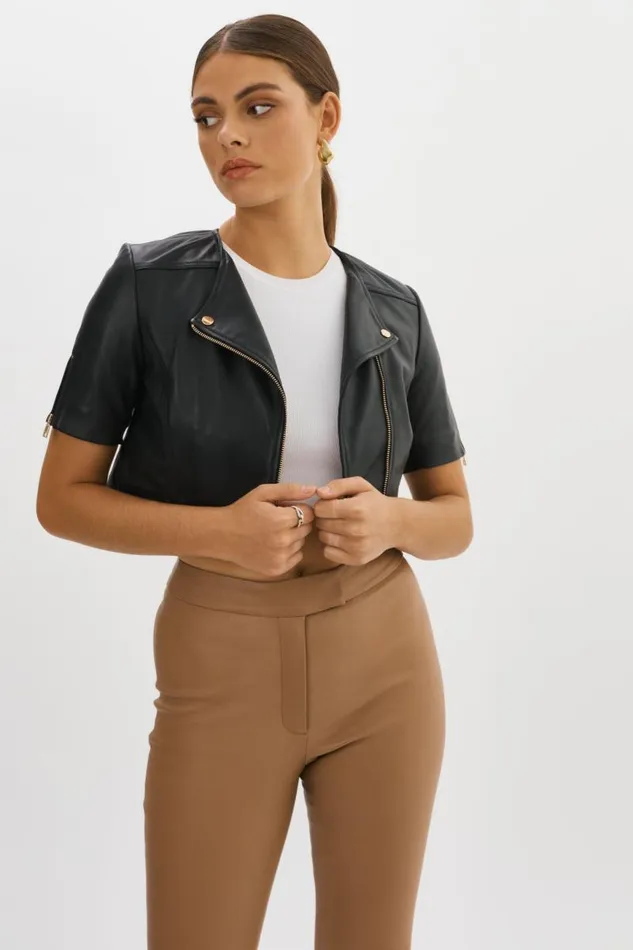 Women KIRSI GOLD Cropped Biker Jacket Black LAMARQUE Leather Jackets