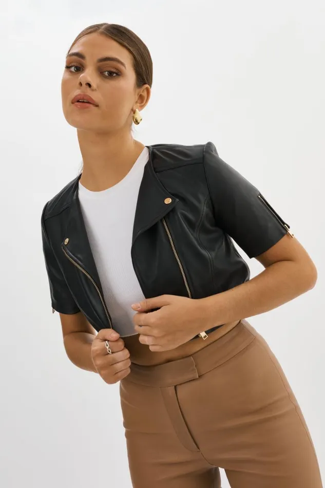 Women KIRSI GOLD Cropped Biker Jacket Black LAMARQUE Leather Jackets