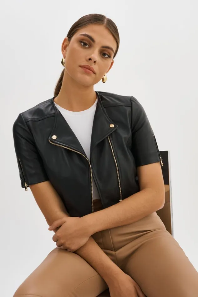 Women KIRSI GOLD Cropped Biker Jacket Black LAMARQUE Leather Jackets