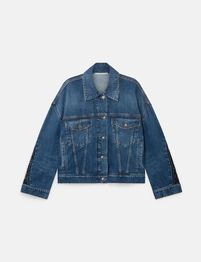 Women LaceInsert Denim Jacket Vintage Wash Blue Denim Stella McCartney Denim