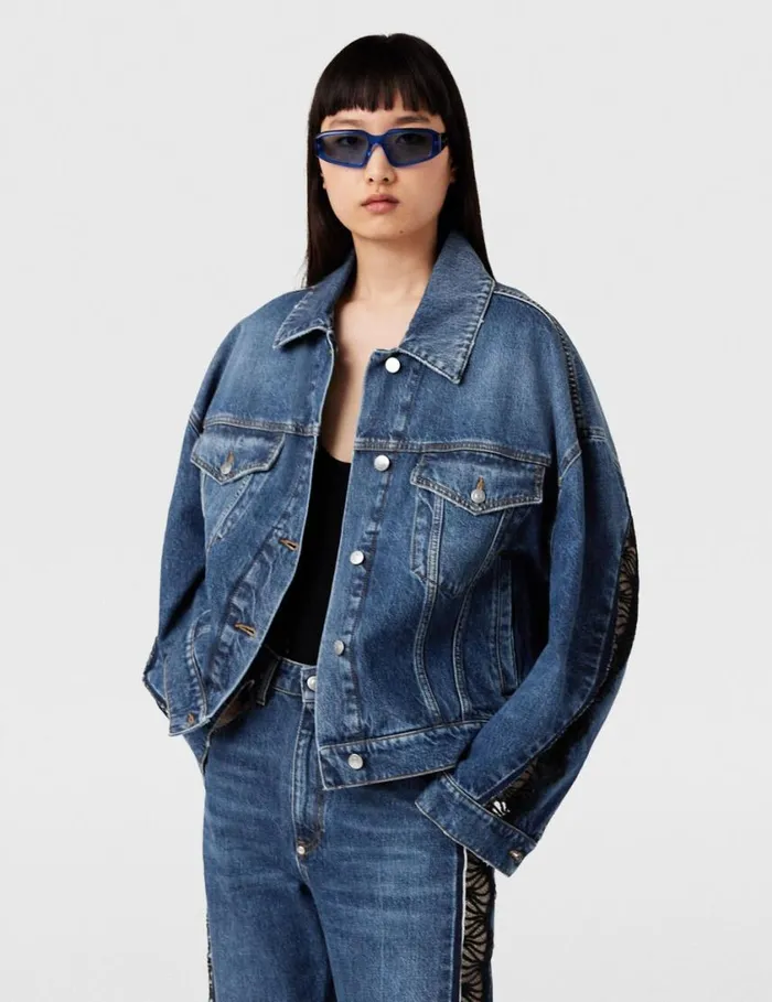 Women LaceInsert Denim Jacket Vintage Wash Blue Denim Stella McCartney Denim Women LaceInsert Denim Jacket Vintage Wash Blue Denim Stella McCartney Denim