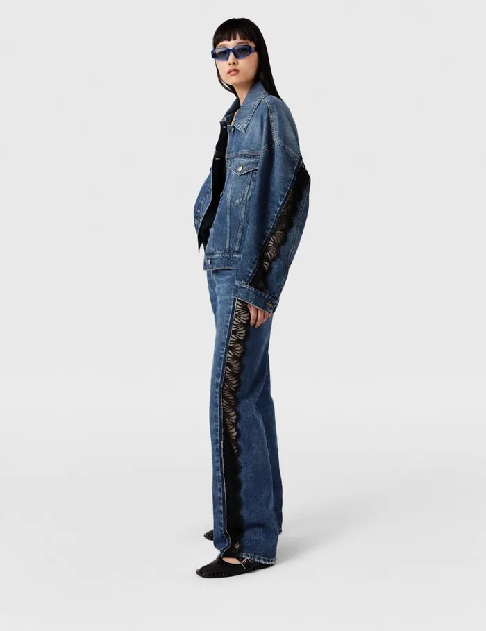Women LaceInsert Denim Jacket Vintage Wash Blue Denim Stella McCartney Denim Women LaceInsert Denim Jacket Vintage Wash Blue Denim Stella McCartney Denim