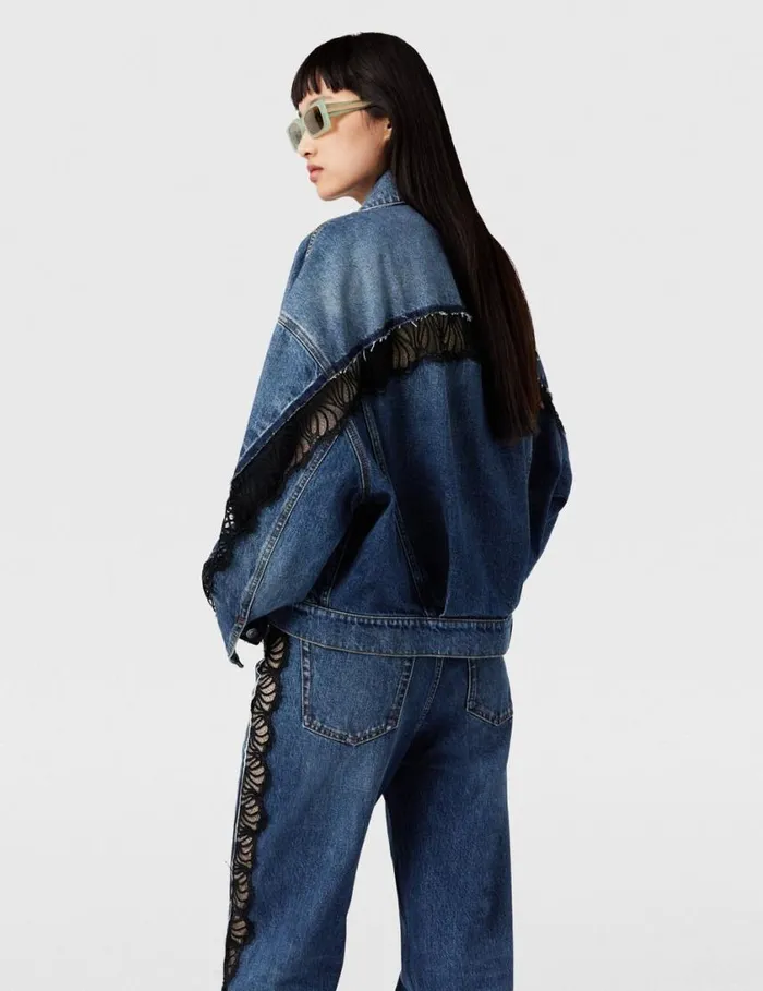 Women LaceInsert Denim Jacket Vintage Wash Blue Denim Stella McCartney Denim Women LaceInsert Denim Jacket Vintage Wash Blue Denim Stella McCartney Denim