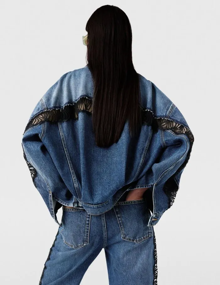 Women LaceInsert Denim Jacket Vintage Wash Blue Denim Stella McCartney Denim Women LaceInsert Denim Jacket Vintage Wash Blue Denim Stella McCartney Denim