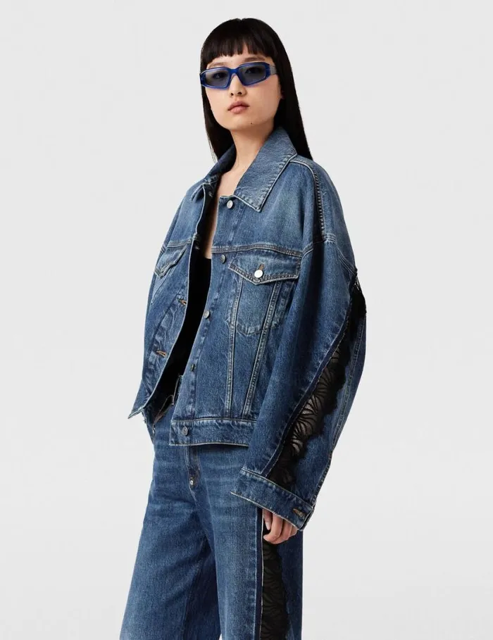 Women LaceInsert Denim Jacket Vintage Wash Blue Denim Stella McCartney Denim Women LaceInsert Denim Jacket Vintage Wash Blue Denim Stella McCartney Denim