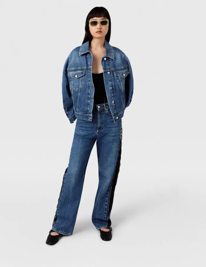Women LaceInsert Denim Jacket Vintage Wash Blue Denim Stella McCartney Denim Women LaceInsert Denim Jacket Vintage Wash Blue Denim Stella McCartney Denim
