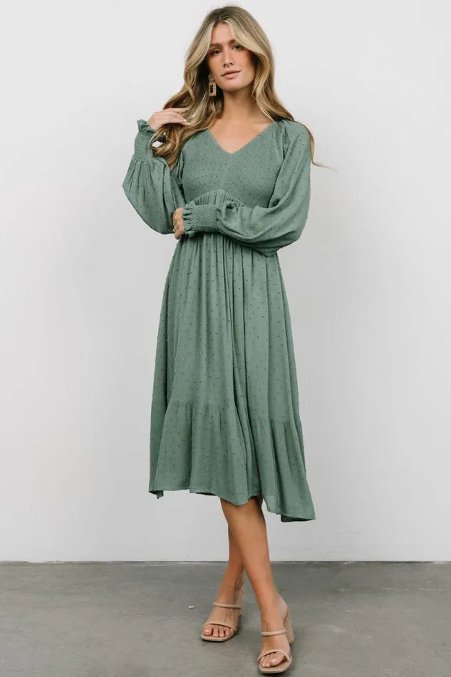 Women Lainey Smocked Dotted Midi Dress Dark Sage Baltic Born Midi Dresses