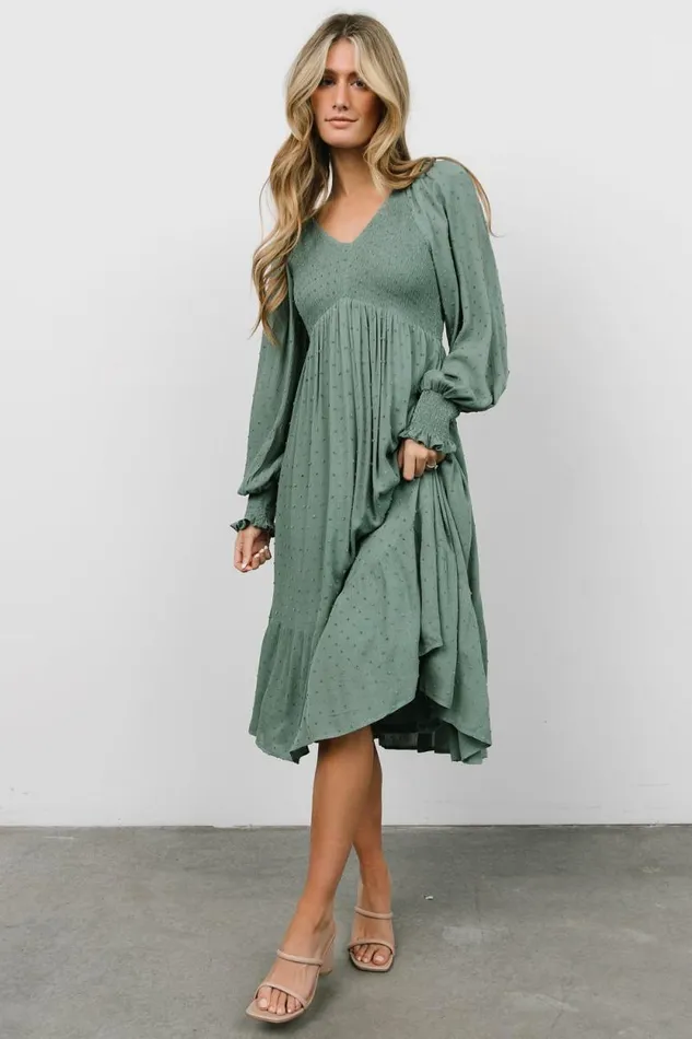 Women Lainey Smocked Dotted Midi Dress Dark Sage Baltic Born Midi Dresses