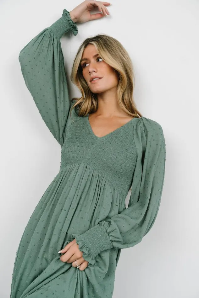 Women Lainey Smocked Dotted Midi Dress Dark Sage Baltic Born Midi Dresses