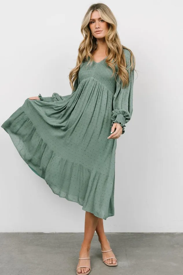 Women Lainey Smocked Dotted Midi Dress Dark Sage Baltic Born Midi Dresses