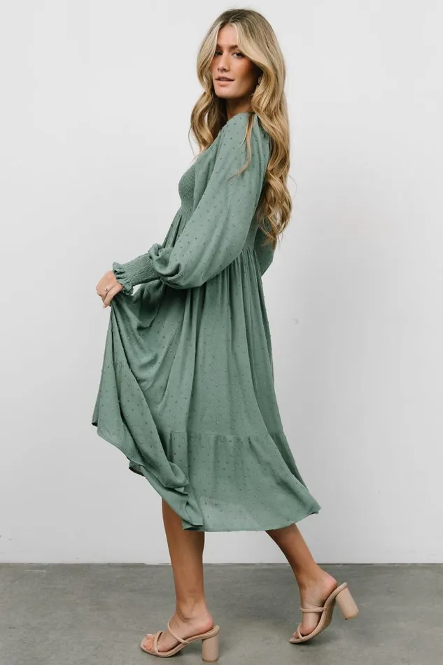 Women Lainey Smocked Dotted Midi Dress Dark Sage Baltic Born Midi Dresses