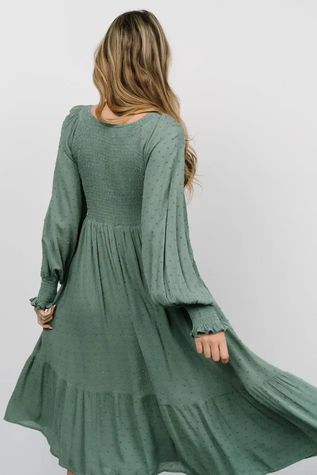 Women Lainey Smocked Dotted Midi Dress Dark Sage Baltic Born Midi Dresses