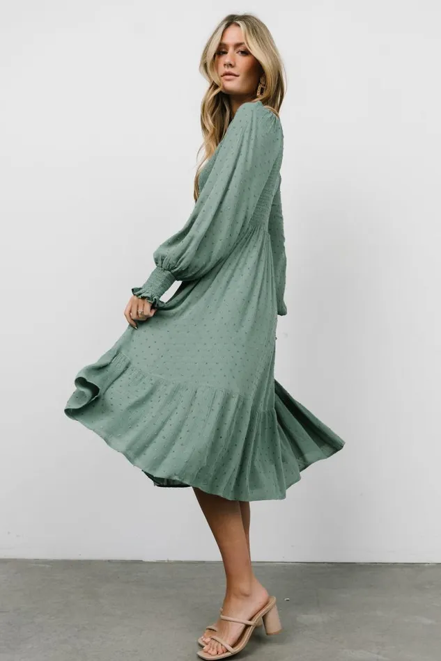 Women Lainey Smocked Dotted Midi Dress Dark Sage Baltic Born Midi Dresses