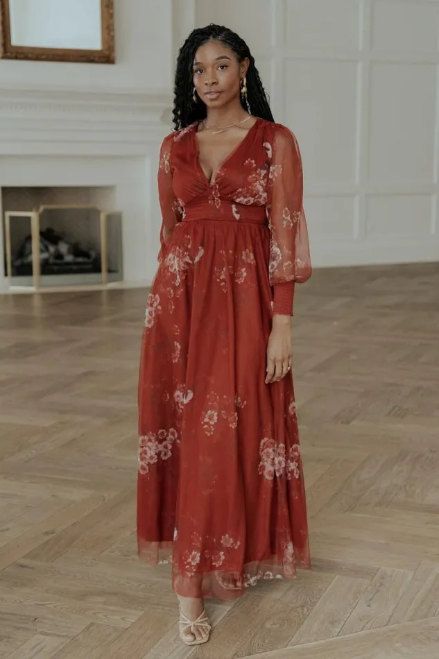 Women Layla Tulle Maxi Dress Rust Floral Baltic Born Bump Friendly