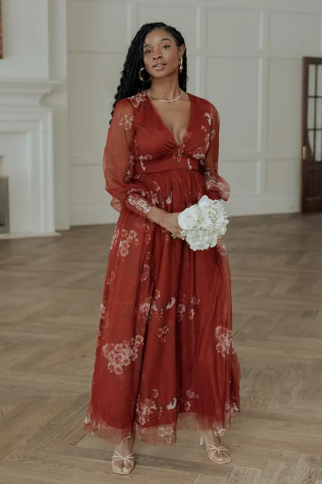 Women Layla Tulle Maxi Dress Rust Floral Baltic Born Bump Friendly