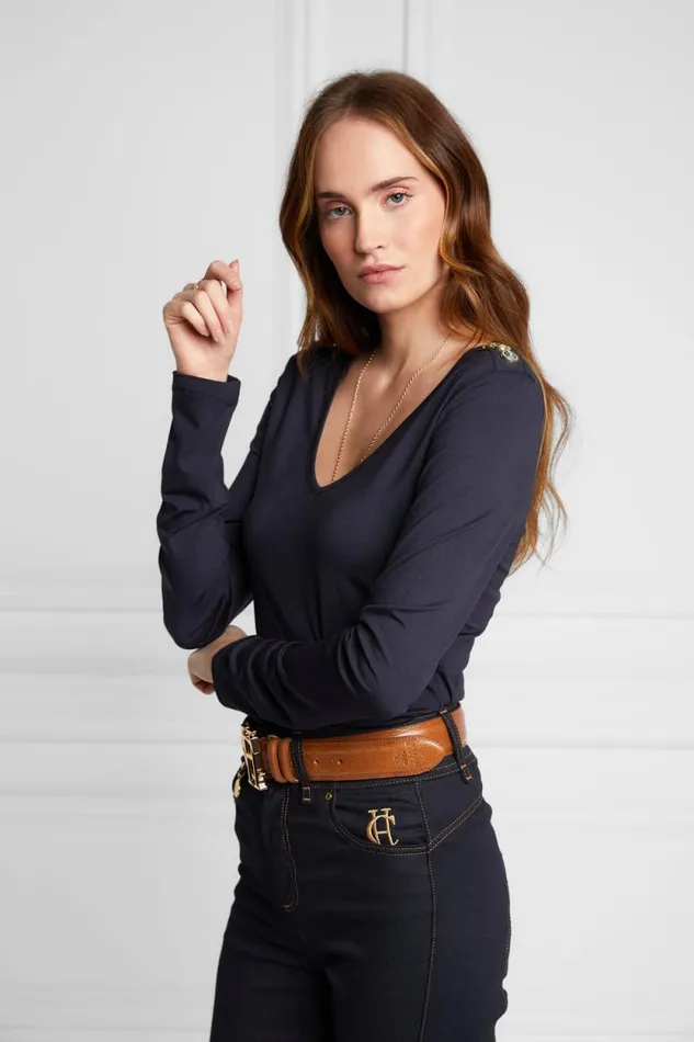 Women Long Sleeve VNeck Tee Ink Navy Holland Cooper Tops
