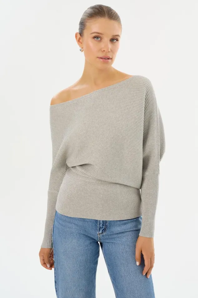 Women LORRAINE Knit Off Shoulder Top Light Heather Grey LAMARQUE Tops