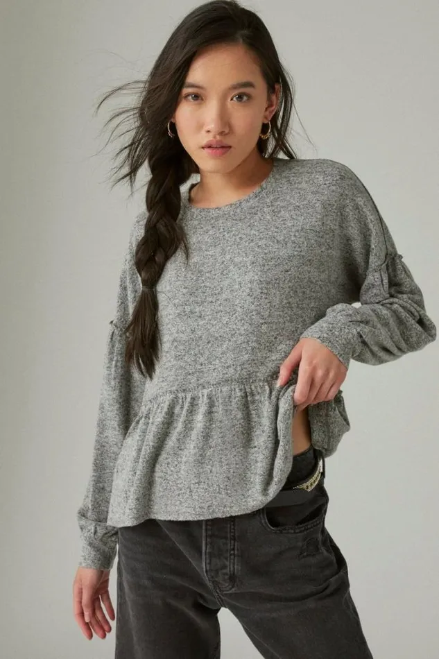 Women Lucky Brand Activewear Cloud Jersey Babydoll Top Medium Heather Grey