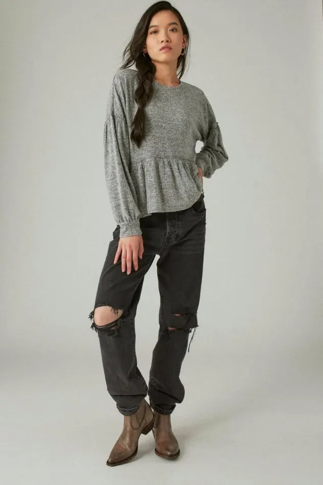 Women Lucky Brand Activewear Cloud Jersey Babydoll Top Medium Heather Grey