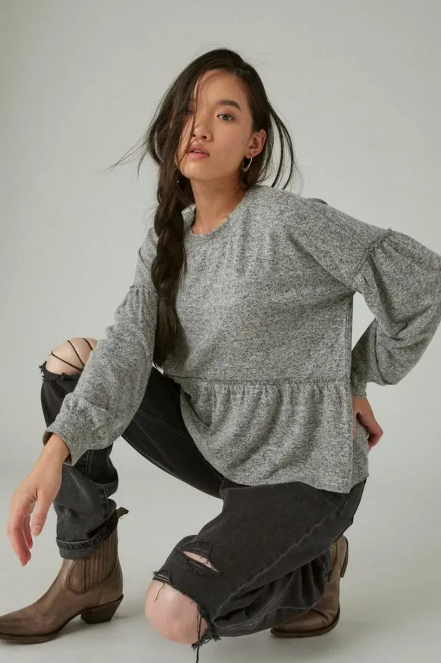 Women Lucky Brand Activewear Cloud Jersey Babydoll Top Medium Heather Grey