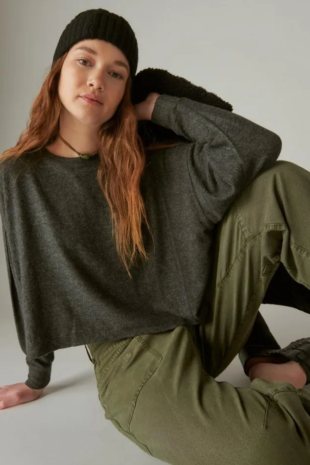 Women Lucky Brand Activewear Cloud Jersey Exposed Seam Top Charcoal Heather