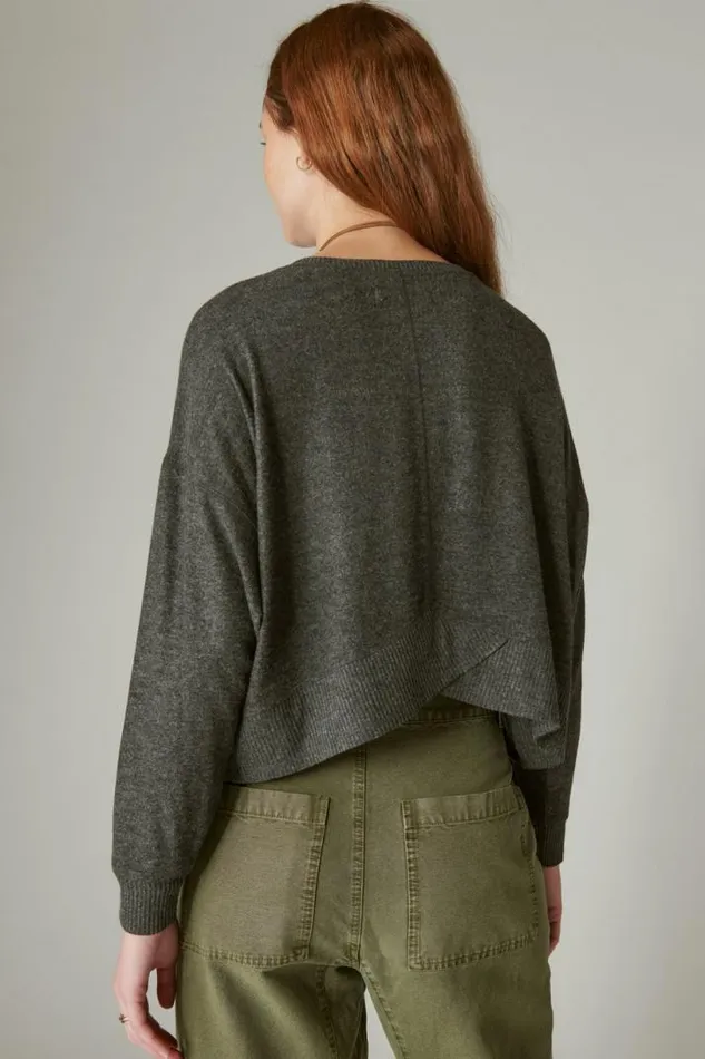 Women Lucky Brand Activewear Cloud Jersey Exposed Seam Top Charcoal Heather