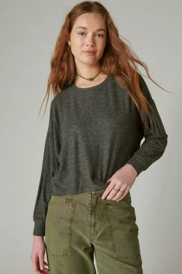 Women Lucky Brand Activewear Cloud Jersey Exposed Seam Top Charcoal Heather