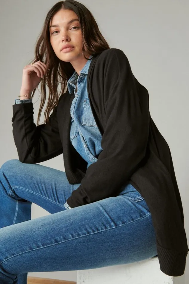 Women Lucky Brand Activewear Cloud Jersey Shawl Collar Cardigan Jet Black
