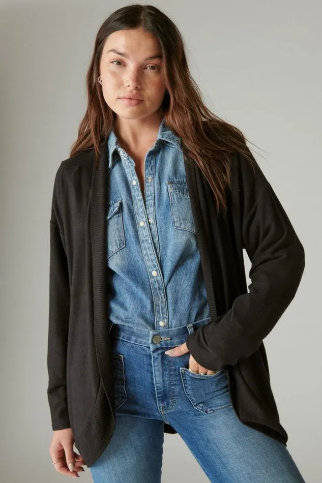 Women Lucky Brand Activewear Cloud Jersey Shawl Collar Cardigan Jet Black