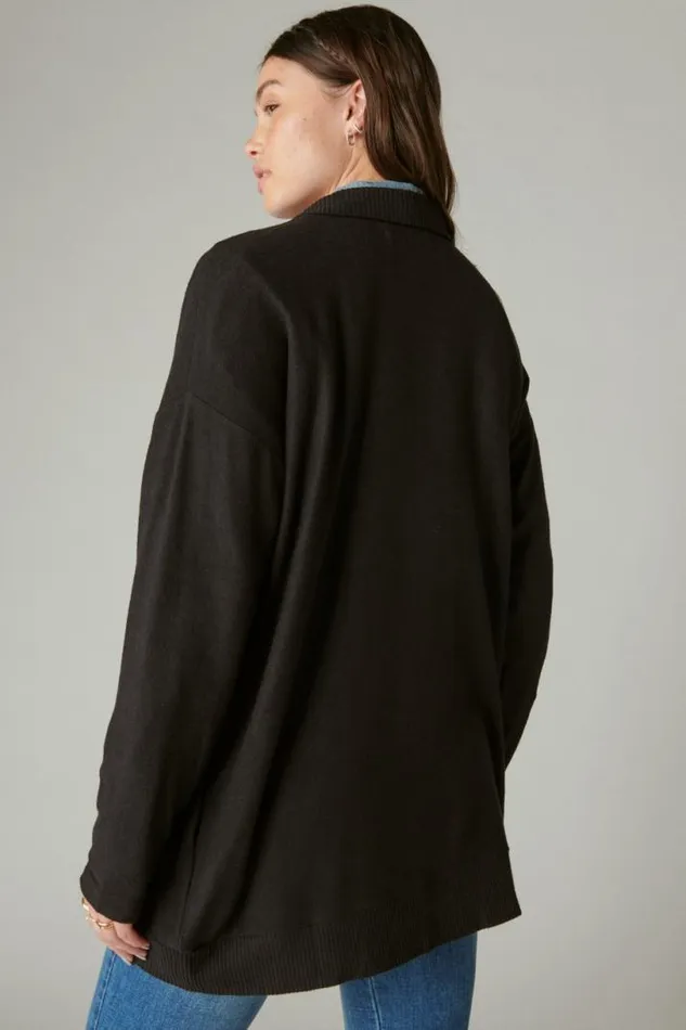 Women Lucky Brand Activewear Cloud Jersey Shawl Collar Cardigan Jet Black