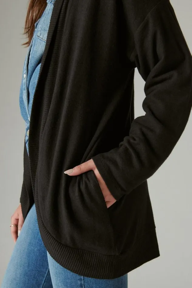 Women Lucky Brand Activewear Cloud Jersey Shawl Collar Cardigan Jet Black