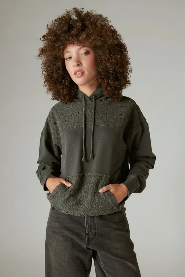 Women Lucky Brand Activewear Embroidered Yoke Hoodie Raven