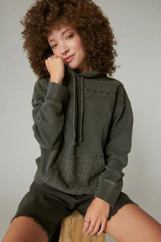 Women Lucky Brand Activewear Embroidered Yoke Hoodie Raven