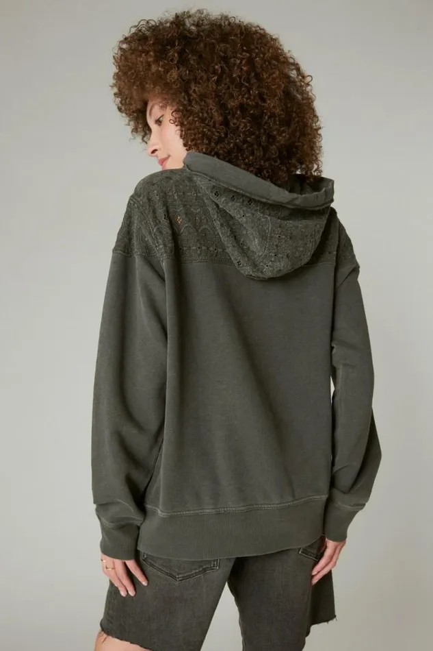 Women Lucky Brand Activewear Embroidered Yoke Hoodie Raven