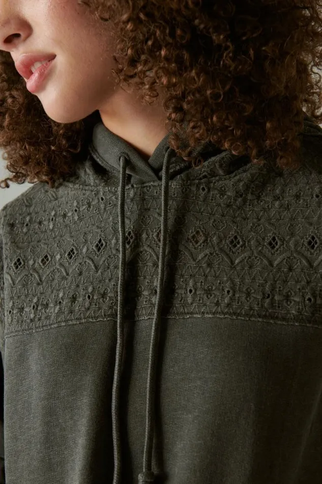 Women Lucky Brand Activewear Embroidered Yoke Hoodie Raven