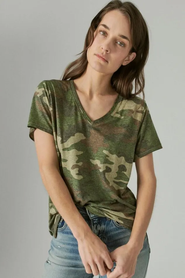 Women Lucky Brand All Tops Classic Vneck Green Camo