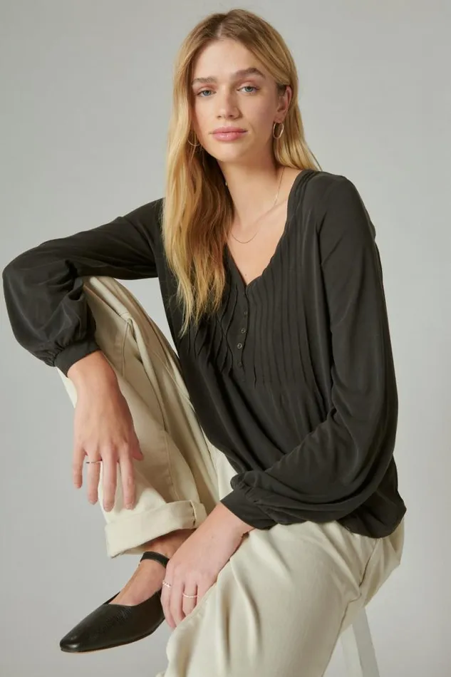 Women Lucky Brand All Tops Sandwash Pintuck Top Jet Black