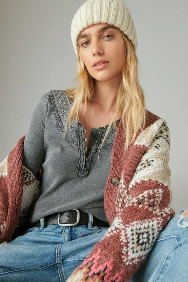 Women Lucky Brand All Tops Trim Mix Henley Asphalt