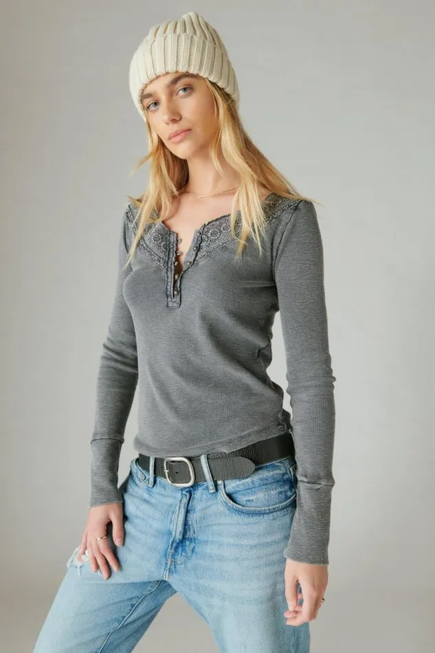 Women Lucky Brand All Tops Trim Mix Henley Asphalt