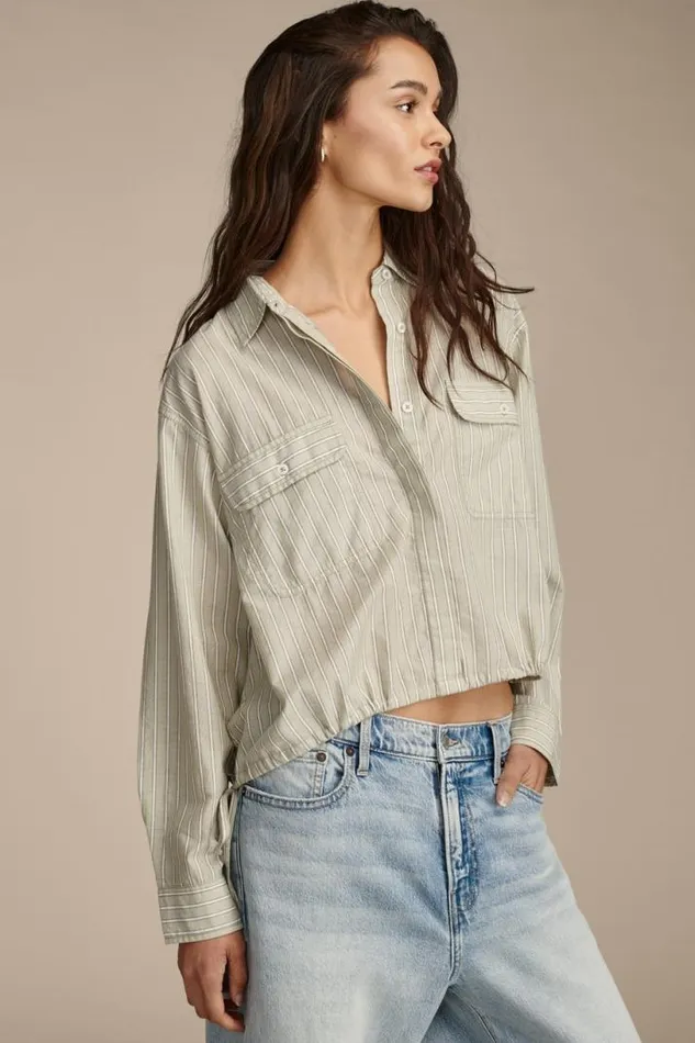 Women Lucky Brand All Tops Utility Shirt Green Stripe