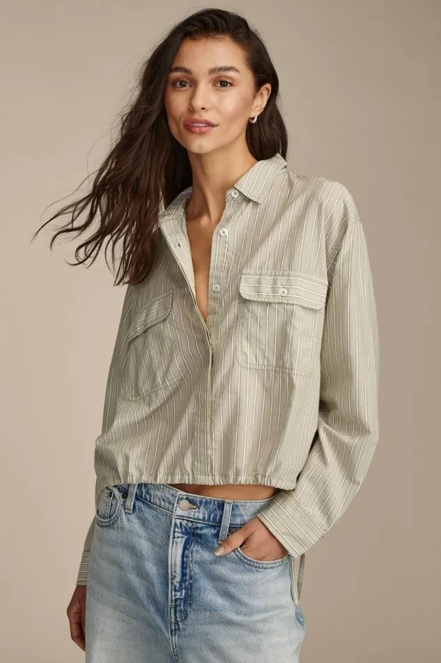 Women Lucky Brand All Tops Utility Shirt Green Stripe