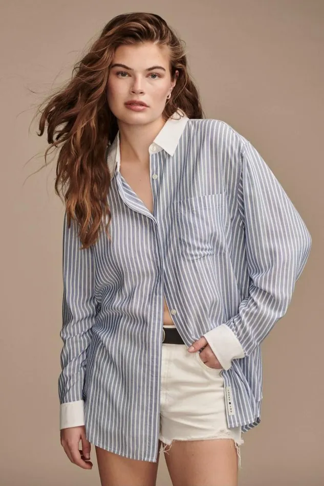Women Lucky Brand Blouses Oversized Drapey Button Down Blue Stripe Mix