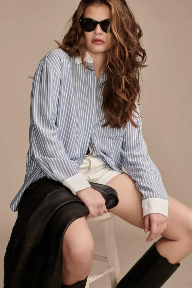 Women Lucky Brand Blouses Oversized Drapey Button Down Blue Stripe Mix